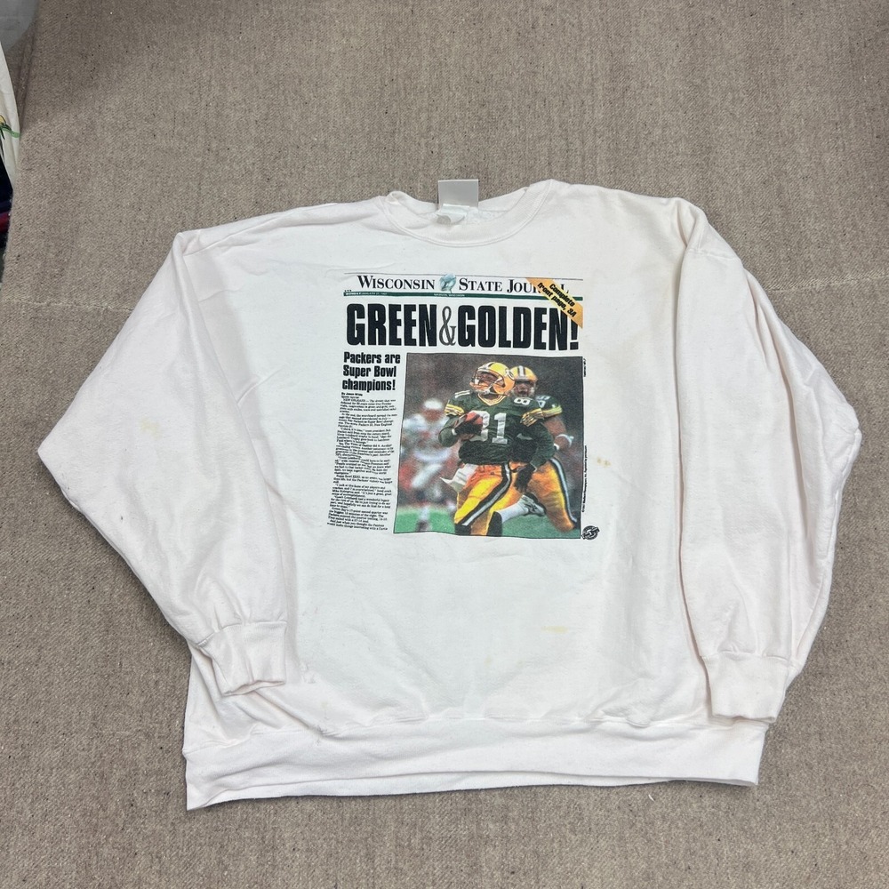 Vintage Green Bay Packers Sweatshirt Mens XXL White 1990s Wisconsin Newspaper